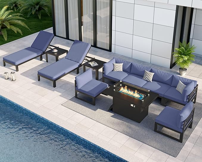 NICESOUL 11 Piece Large Modern Aluminum Patio Furniture Set, Water Resistant Modular Outdoor Conversation Set with Lounge & Fire Pit Table, 500 lbs Durable Modular Sectional Sofa for Deck, Denim Blue