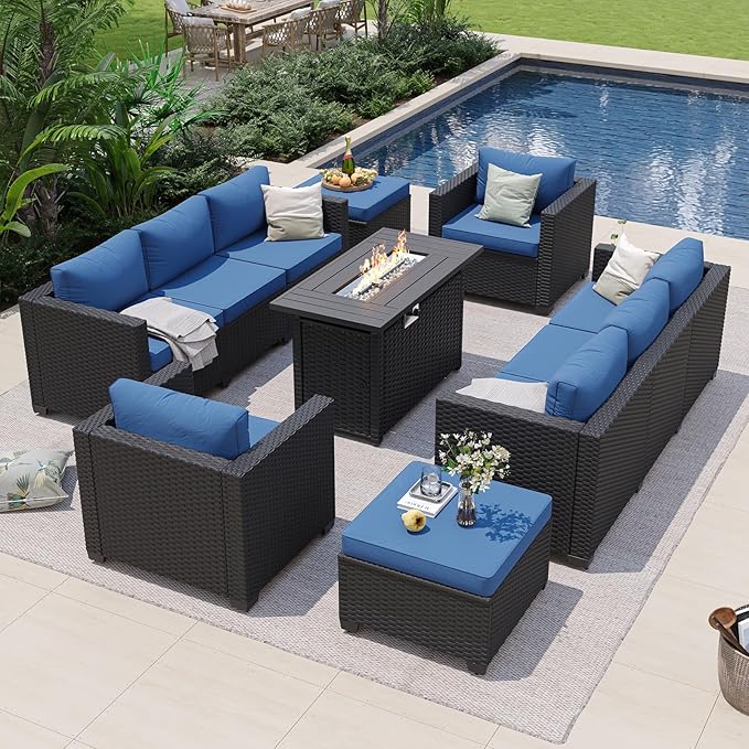 Aoxun 7 Piece Patio Furniture Set with Fire Pit Table, 10 Seats Outdoor Furniture Set with Wicker Ottomans, Rattan Outdoor Sectional Sofa with Thickened Cushion & Waterproof Cover Navy Blue