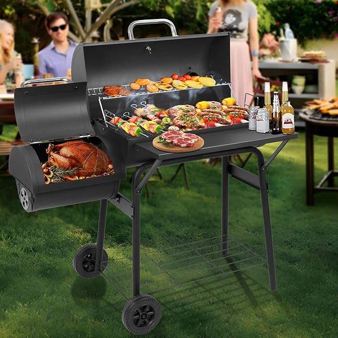Charcoal Grill with Offset Smoker,BBQ Grills with Side Table,Outdoor Cooking with 535 Square Inches,Backyard Camping Picnics, Patio and Parties, Black by DNKMOR