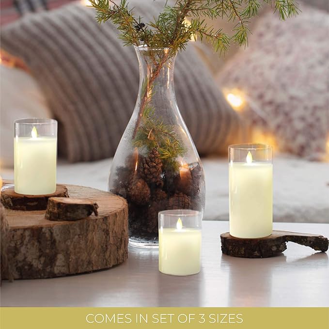 LumaBase Battery Operated Glass Hurricane LED Candles with Flickering Flame - Set of 3