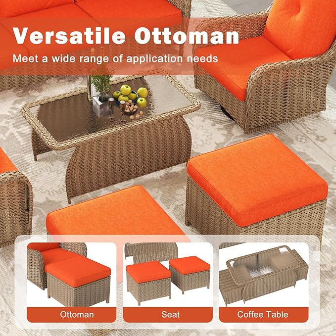 Kinsuite 7 PCS Patio Furniture Set, Outdoor Conversation Sets with Swivel Chairs & Ottomans, All-Weather Wicker Light Brown Sectional Sofa with Thicken Cushions for Garden, Lawn, Backyard, Orange
