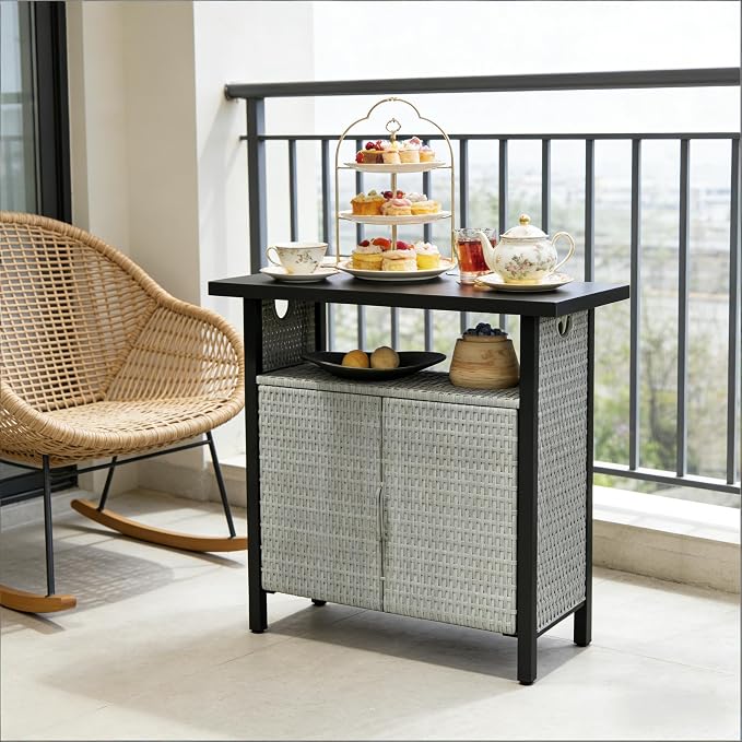 PE Rattan Outdoor Storage Box and Poolside Towel Cabinet, Weather-Resistant Wicker Deck Box with Wood Grain Steel Top and Open Shelf for Patio Organization, 35.4 x 19.7 x 35.4 Inches, Gray