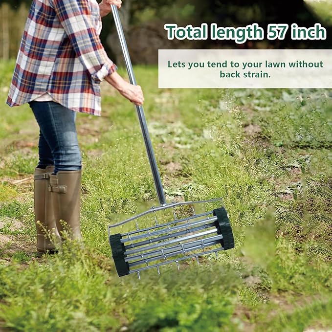 Heavy Duty Rolling Lawn Aerator,Rolling Lawn Aerator, Rotary Push Tine Spike Soil Lawn Aerator Gardening Tool with 3-Piece Long Steel Handle for Garden Yard Grass Maintenance,Garden Yard Rotary Push