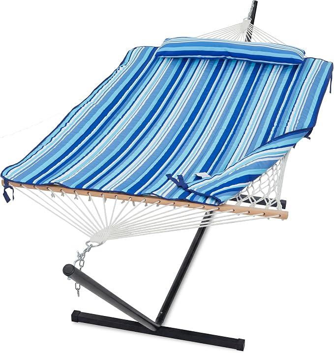 GAFETE 2 Person Hammock with Stand for Outside, 52inch Double Cotton Rope Hammock with Polyester Pad, Heavy Duty Steel Stand, Large Removable Pillow, Storage Bags, Max 475 lbs Capacity (Blue with Pad)