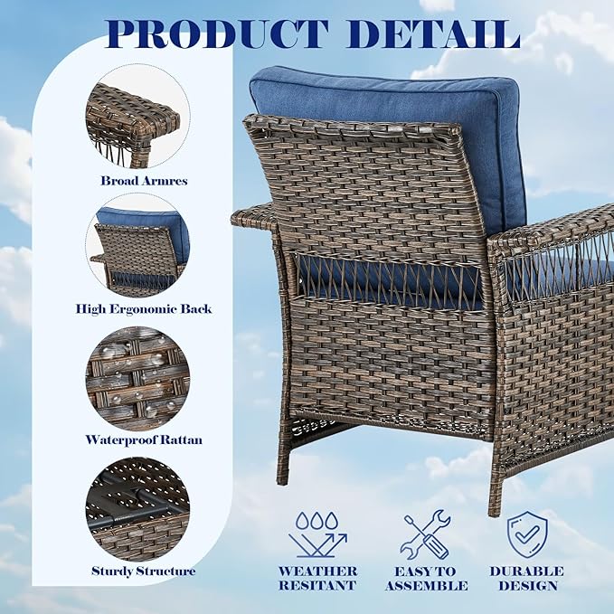Outdoor Patio Chairs Wicker Chair - 3 Piece Rattan Patio Bistro Chairs Set with Sturdy Frame,All-Weather PE Wicker and Comfortable Cushions,1 Side Table for Outside Porch Deck Balcony(Brown/Blue)