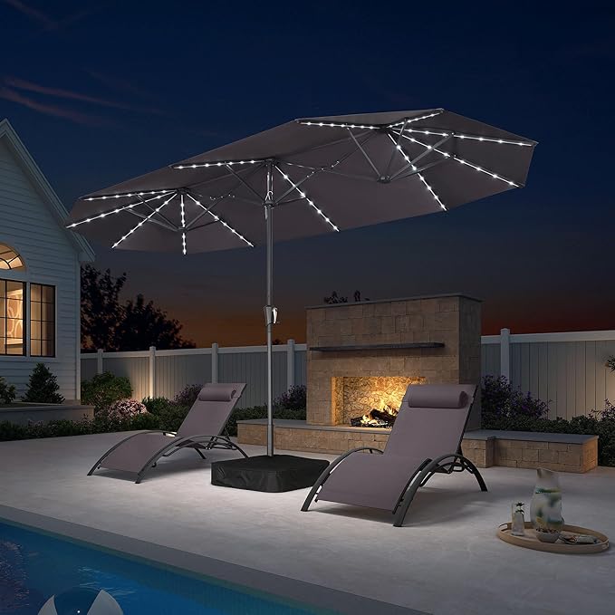 PURPLE LEAF 13ft Double-Sided Patio Umbrella with Solar Lights Outdoor Market Umbrella with Base and Crank Handle Table Umbrella for Backyard Pool Garden Deck, Light Grey