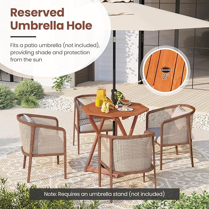 Tangkula 32-Inch Octagon Folding Outdoor Dining Table, Wood Patio Bistro Table with 2" Umbrella Hole and Slatted Tabletop, Outside Table for Garden, Yard, Porch, Teak Oil Finish, No Assembly Required