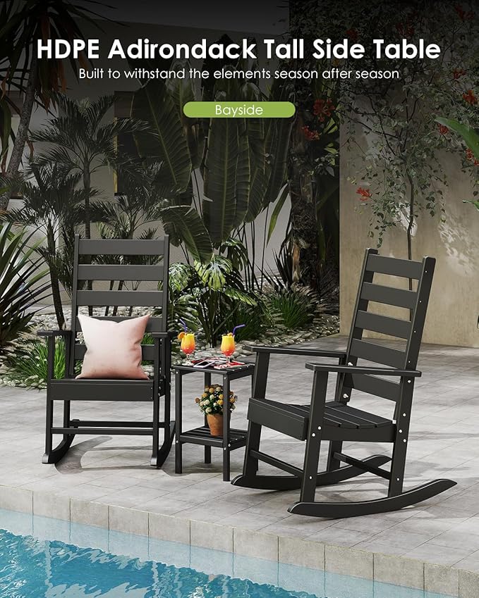 GREENVINES Tall-Outdoor-Side-Table Set of 2 | 23.5" | HDPE Plastic | Patio Adirondack End Tables | All Weather | 2-Tier | Black | for Porch Garden Indoor & Rocking Chairs
