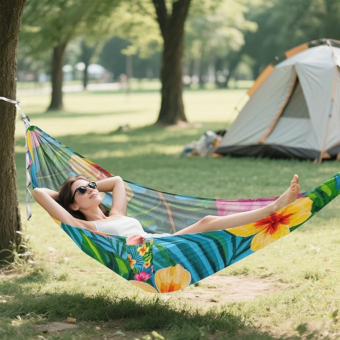 Colorful Summer Hawaiian Flowers 330lb Capacity Camping Hammocks with Hanging Rope Swing Hammock for Outside Patio Garden amacas para patios con Base de adultos
