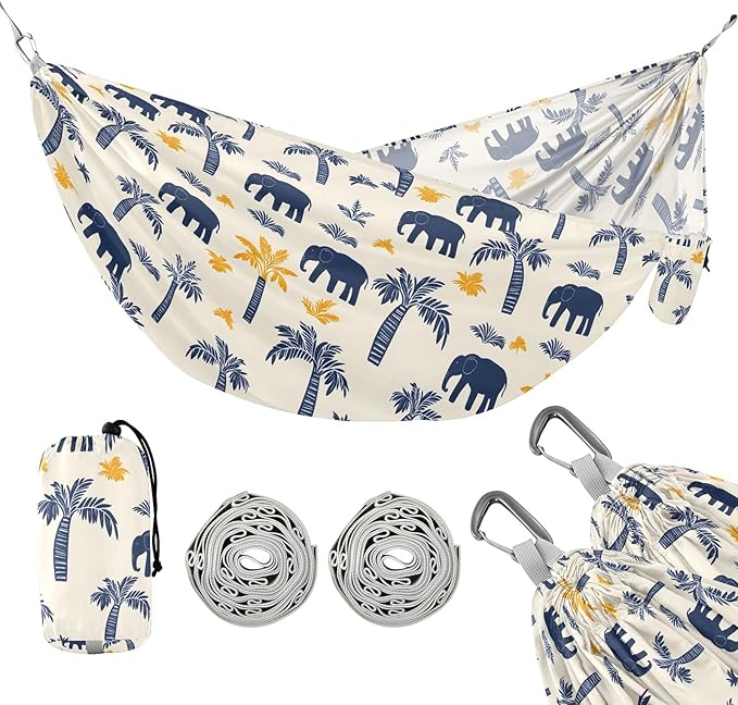Camping Hammock Outdoor Hammocks for Outside Palm Trees Elephants Beach Trees Portable Lightweight with Pockets Tree Straps Indoor