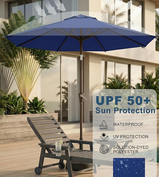 10FT Patio Umbrella, Outdoor Umbrella with Push Button Tilt and Crank, 8 Sturdy Ribs, UV Protection & Waterproof Market Umbrella for Pool, Backyard, Beach,Deck (Navy)