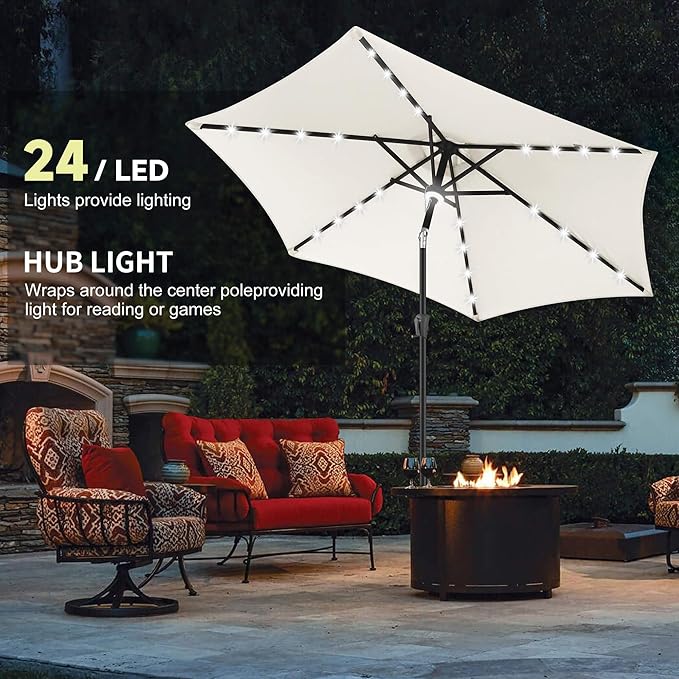 10FT Solar Patio Umbrella - Outdoor Umbrella with Centre Surround Light 24 LED Lights, Market Table Umbrella with Tilt for Pool, Porch, Garden, Deck, Backyard UV Protection (Ivory)