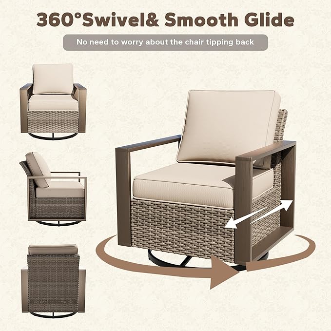 8 Pieces Metal Wicker Patio Furniture Set - 75" Sofa, Four Swivel Chairs and Two Ottomans, One Fireplace All Weather Rattan Outdoor Conversation Furniture with Washable Cushion for Deck, Beige