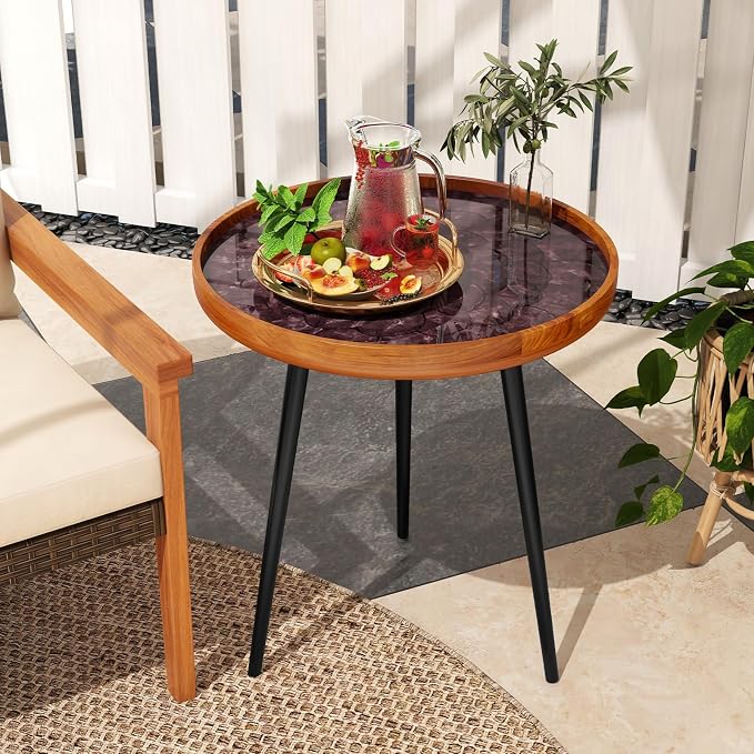 Giantex Outdoor Side Table, Round End Table with Epoxy Resin Finish, Sea Shell Decoration, Mahogany Wood Frame, Tray Top, Patio Side Table for Living Room, Pool, Yard, Porch (Brown, 20” x 20” x 21.5”)