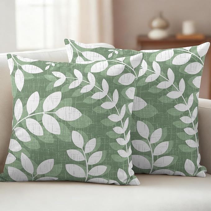 Green Leaves Outdoor Waterproof Throw Pillow Covers 20x20 Set of 2, Farmhouse Botanical Branch Vintage Boho Leaf Decorative Pillowcases Cushion Pillowcase for Couch Sofa Patio Outside Pillow Protector