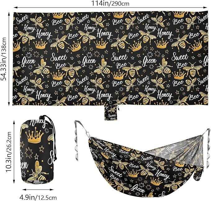 Camping Hammock Outdoor Hammocks for Outside Golden Bee Queen Crown Beach Trees Portable Lightweight with Pockets Tree Straps Indoor