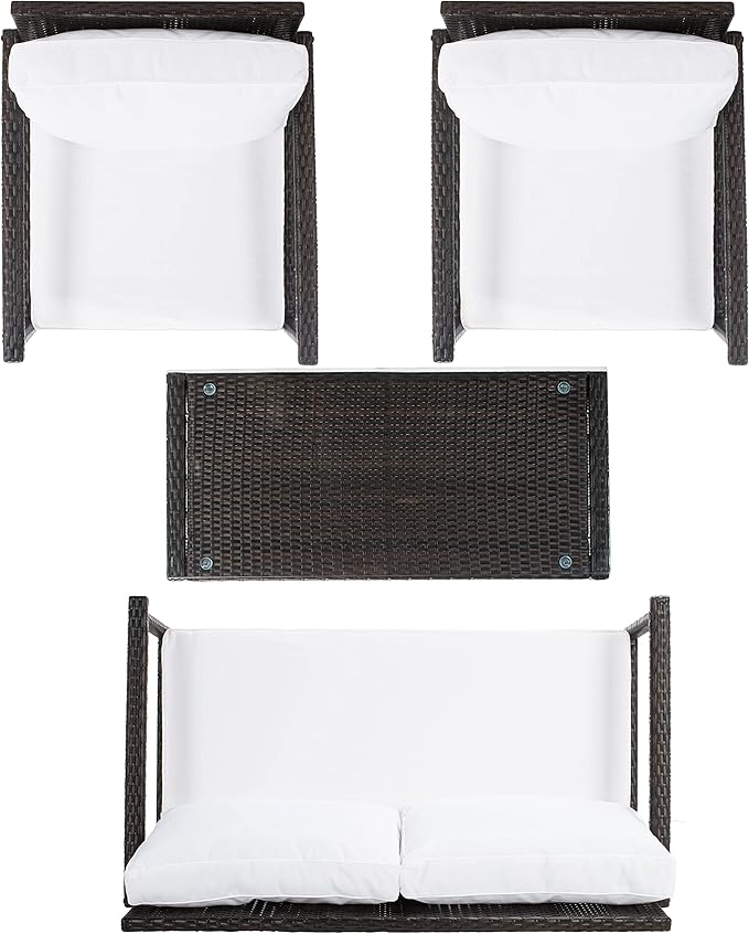 Safavieh Outdoor Collection Garnen Wicker Cushion 4-Piece Living Set PAT7714C, Brown/White