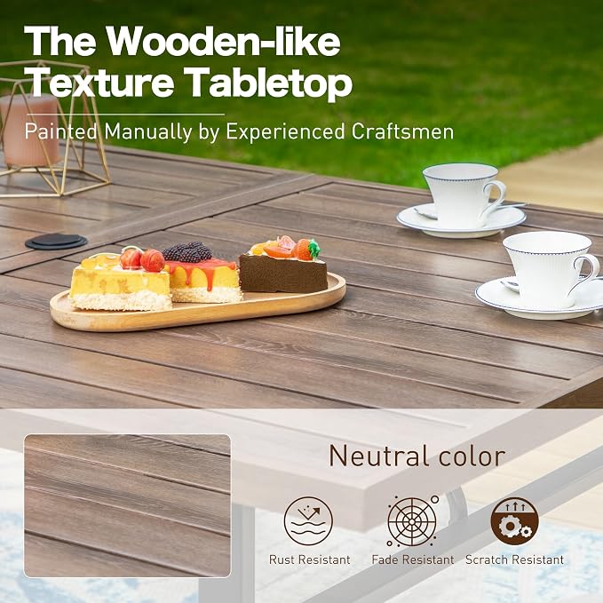 SUNSHINE VALLEY 7 Piece Patio Dining Set for 6, 64”Rectangular Wood-Like Dining Table with Umbrella Hole, 6 Metal Red Chairs, Outdoor Table and Chairs Set for Lawn Backyard and Deck