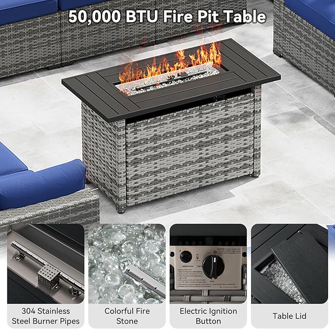 LazySunsets 15-Piece Patio Furniture Set with 44" Fire Pit Table, Wicker Outdoor Furniture, Patio Conversation Sets with Coffee Table, Outdoor Sectional Couch with Waterproof Cover, Blue