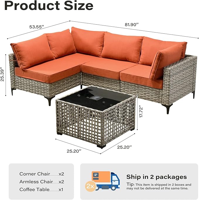 5 Pieces Patio Furniture Set with Solar Light Coffee Table, All-Weather Rattan Outdoor Sectional Conversation Sets L Shaped Sofas for Outside Porch Balcony Backyard Coarse Stripes Red