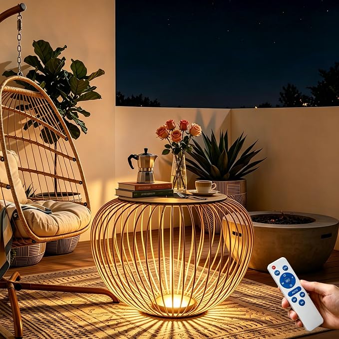 LED Outdoor Side Table, 26 Inch Large Hollow Metal Garden End Table, Top Solar Panel for Solar Charging, Bottom Glowing LED Light, Heavy Duty 2-in-1 Stool for Courtyard Backyard Villa
