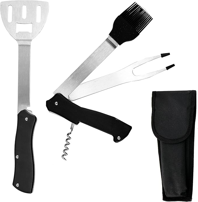 Iconikal 4-in-1 Folding Collapsible Swiss Camping Grilling Tool, Turner, Brush, Fork, Corkscrew