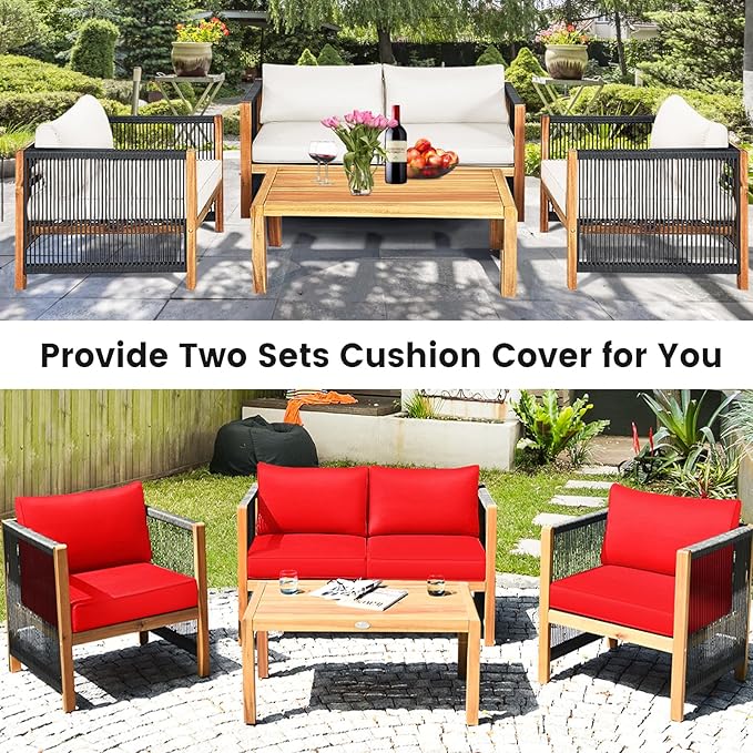 Tangkula Outdoor Wood Furniture Set with 2 Set Cushion Covers, 8 Pieces Cushioned Patio Conversation Set, for Garden Balcony Poolside Outdoor Living (2, WH-RE)