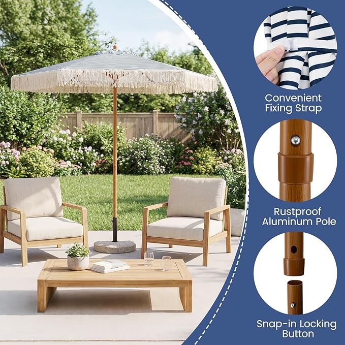 HAPPYGRILL 7 FT Patio Umbrella with Fringe, Outdoor Tassel Umbrella w/Sun-Protective Polyester Canopy, Wood-like Aluminum Pole, Air Vent, Boho Market Table Umbrella for Beach Backyard Poolside