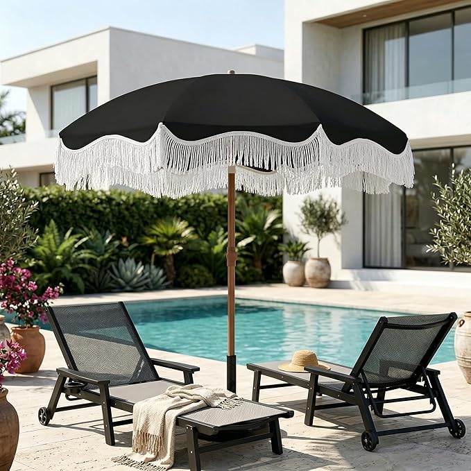 7FT Patio Umbrella with Fringe, Outdoor Tassel Umbrella with Fiberglass Ribs, Boho Beach Umbrella, Push Button Tilt and Carrying Bag, UPF50+