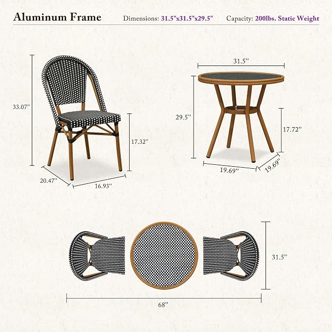 PURPLE LEAF 3-Piece French Bistro Dining Set Round Outdoor Patio Table and 2 Armless Chairs Tempered Glass Top PE Rattan Bamboo Print Finish Aluminum Frame Black
