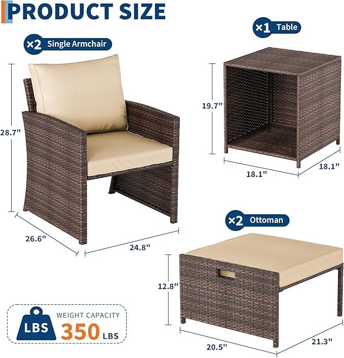 GAOMON Patio Furniture Set with Ottoman, 5 Pieces Outdoor Patio Conversation Set, Wicker Lounge Chairs with Soft Cushions & Storage Table, Outside Balcony Furniture for Porch Balcony Deck Poolside