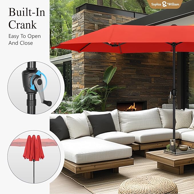 Sophia & William 13ft Outdoor Patio Umbrella for Table, Large Double-sided Umbrella for Garden, Deck, Pool, Orange Red