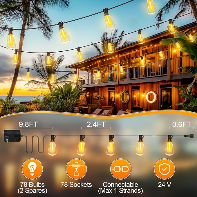 MGVIH Outdoor String Led Patio Lights - 200Ft 60M Outside Waterproof Light ST38 Shatterproof Bulb Connectable Hanging Outdoor Electric Lighting for Backyard Yard Gazebo Porch Party