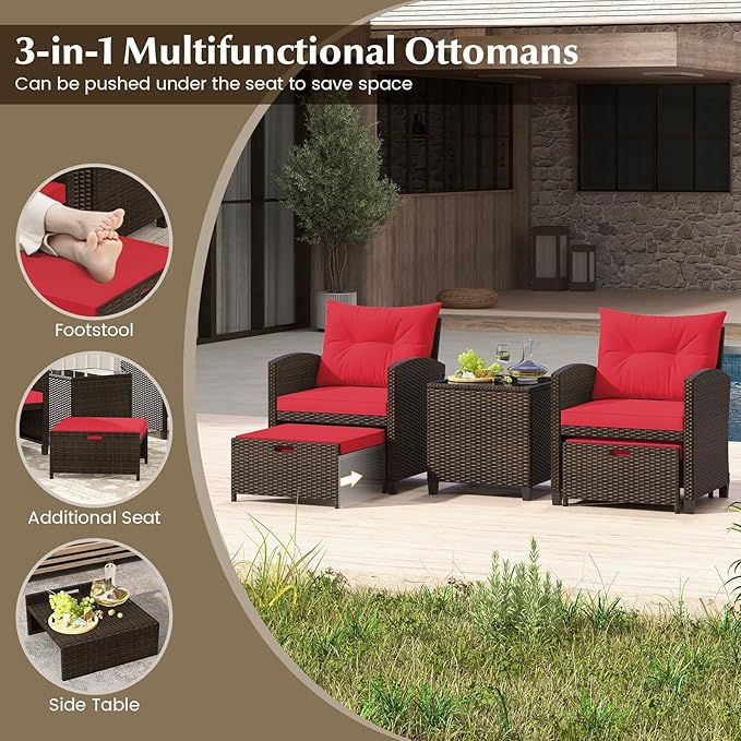 Tangkula 5 Pieces Patio Conversation Set, PE Wicker Rattan Outdoor Furniture Set with 2 Chairs, 2 Ottomans & Tempered Glass Coffee Table, Ideal for Poolside, Backyard, Lawn, Deck, Mix Brown & Red