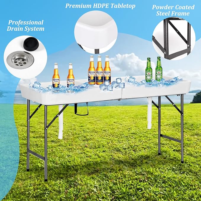 5 Foot Folding Ice Cooler, Outdoor Buffet Cold Food Keeper with Drain Hose, Foldable Beverage Cooler Buffet Salad Serving Chill Table for Party, Picnic, BBQ, Camping