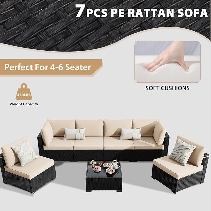 KIGOTY 7-Piece Patio Furniture Set, All-Weather PE Rattan Outdoor Sectional Sofa, Modular Wicker Conversation Set with Thick Cushions & Easy-Clean Coffee Table（Black/White）