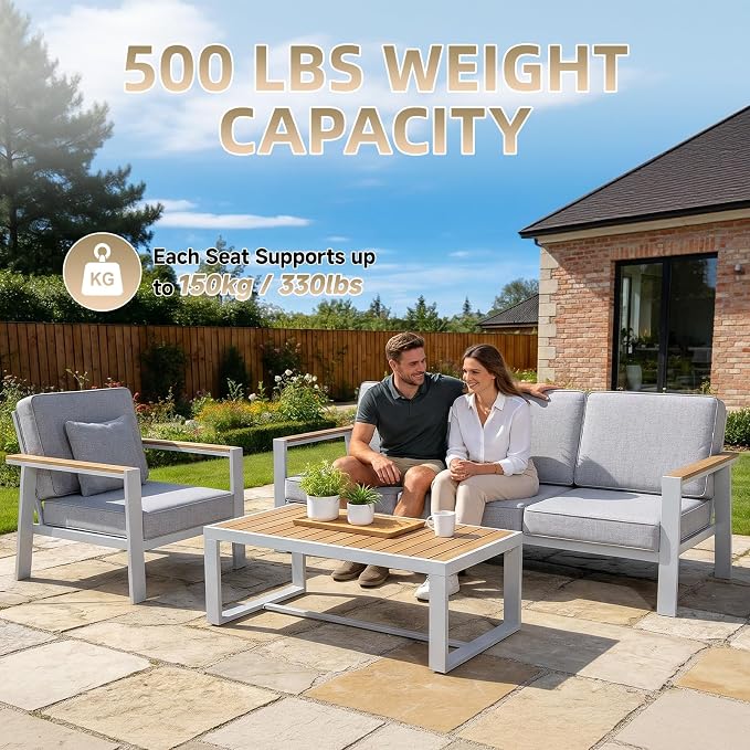 Premium Aluminum Patio Furniture Set 4 Piece,Outdoor Conversation Set with Wide Armrest,5" Thick Cushions, Olefin Fabric,Rustproof Metal Frame,Deep Seating Patio Sofa Set for Backyard,Deck,villa,White