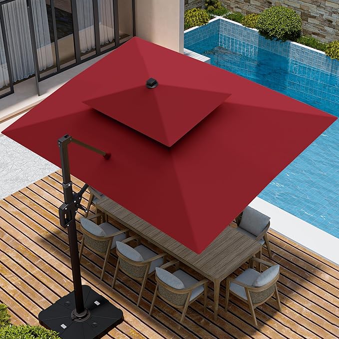 9' X 12' Cantilever Patio Umbrella with Led Lights Double Top Rectangular Outdoor Large Offset Umbrellas with 7 Tilts Adjustable 360°Rotation for Deck Pool Garden Backyard, Red