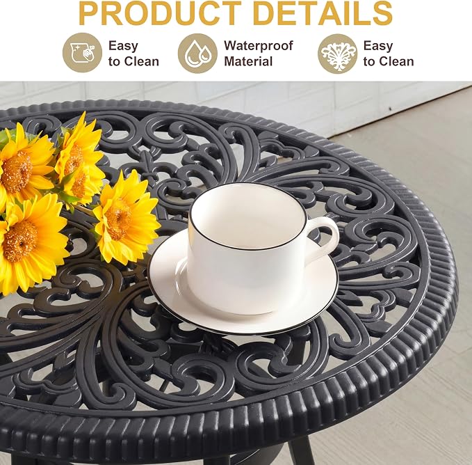 21" Outdoor Patio Bistro Table Cast Aluminum Side Table,Round Coffee Table,All Weather End Table for Patio, Porch, Deck,Garden(21" Black Round)