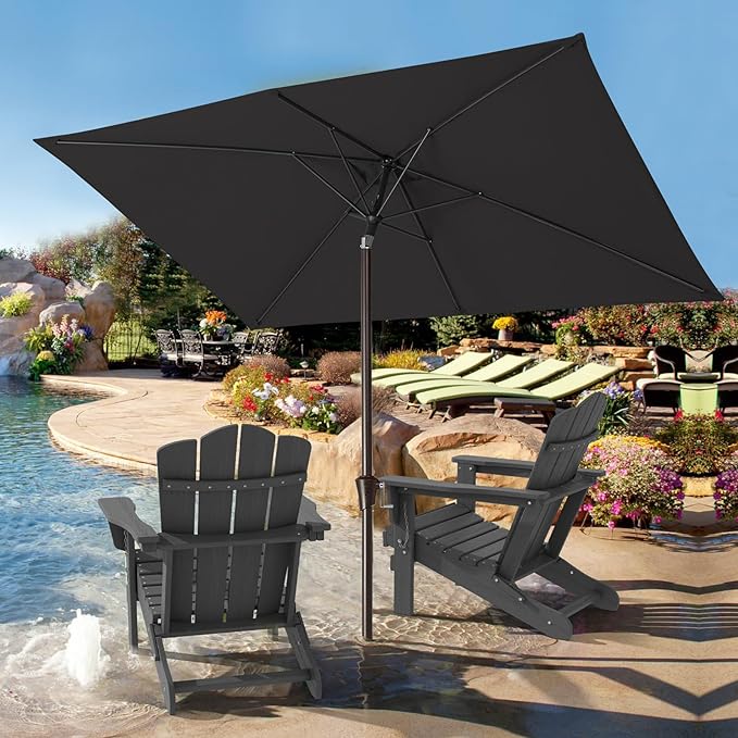 JEAREY 6.5x10ft Olefin Rectangular Patio Umbrella, Rectangle Outdoor Umbrellas with Auto Tilt Crank System, Market Table Umbrella UV Protection Fade-Resistant for Pool Deck Garden Yard, Black