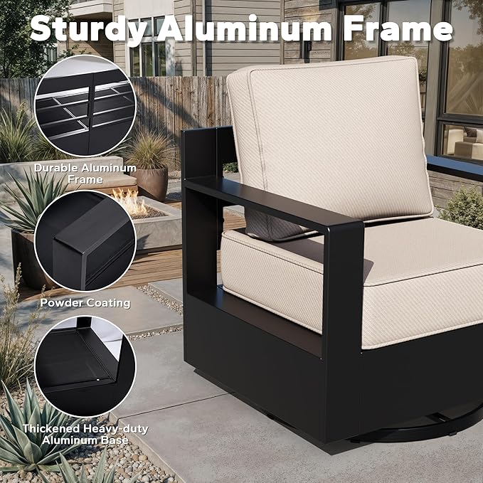 Aluminum Patio Swivel Chair - Outdoor Swivel Rocking Chair with 6" Thick Removable Cushions, All-Weather Metal Frame, Deep Setting for Garden, Poolside and Porch
