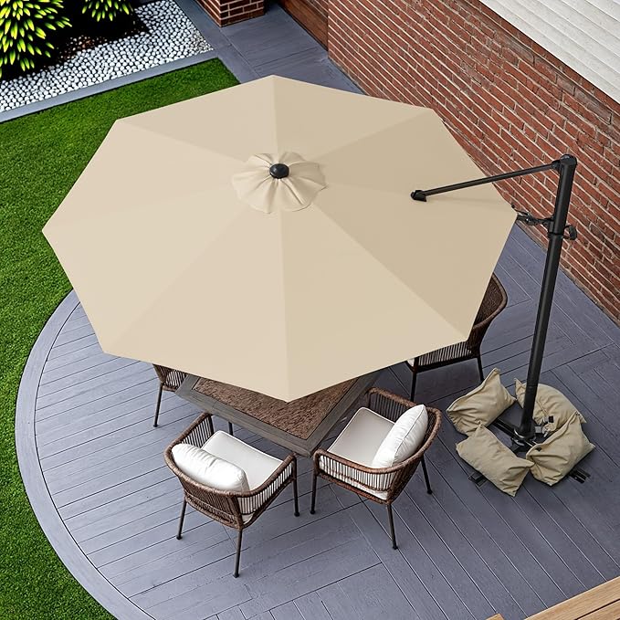 Greesum 10FT Outdoor Patio Umbrella with High Pedel and 4 Gear Heights, Large Offset Market Umbrella with 360-degree Rotation, Without Base, Hanging Outdoor Shade for Garden, Lawn, Pool, Beige