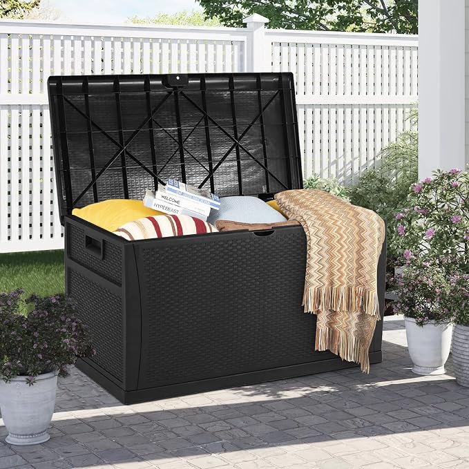 120 Gallon Resin Wicker Patio Storage Box, Outdoor Storage Container Deck Box and Gar,(Black)