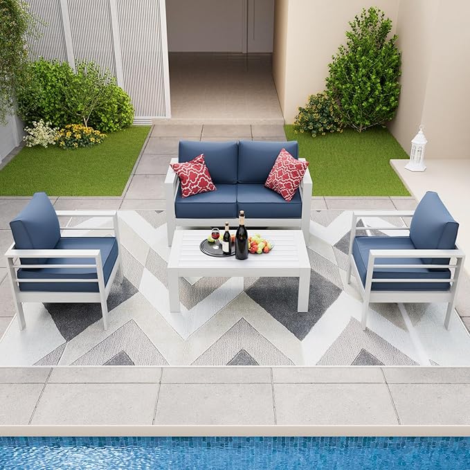 Amopatio Aluminum Patio Furniture, 5 Pieces Metal Outdoor Furniture Set, Outdoor Sectional Modern Sofa Sets with Coffee Table for Pool, Garden, White&Blue (Included Waterproof Covers)