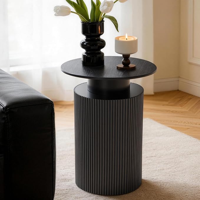 Round Side Table, 24" Fluted End Table with Storage, Mid Century Nightstand Modern Wood Bedside Accent Table, Farmhouse Circle End Tables for Home, Small Spaces, Bedroom, Living Room (Black) | Fluted End Table, Hidden Storage, Detachable Tray, Mid Cent...