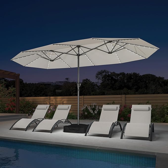 PURPLE LEAF 14ft Patio Umbrella with Solar Lights Outdoor Double-Sided Market Umbrella with Base Included Rectangle Table Umbrella for Pool Garden Backyard, Cream