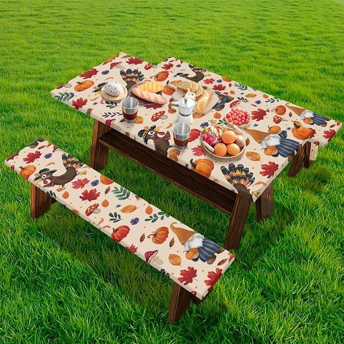Thanksgiving Picnic Table Cover with Bench Covers, Beach Waterproof Outdoor Table Cover, Picnic Table Covers with Elastic Suitable for Thanksgiving Decoration