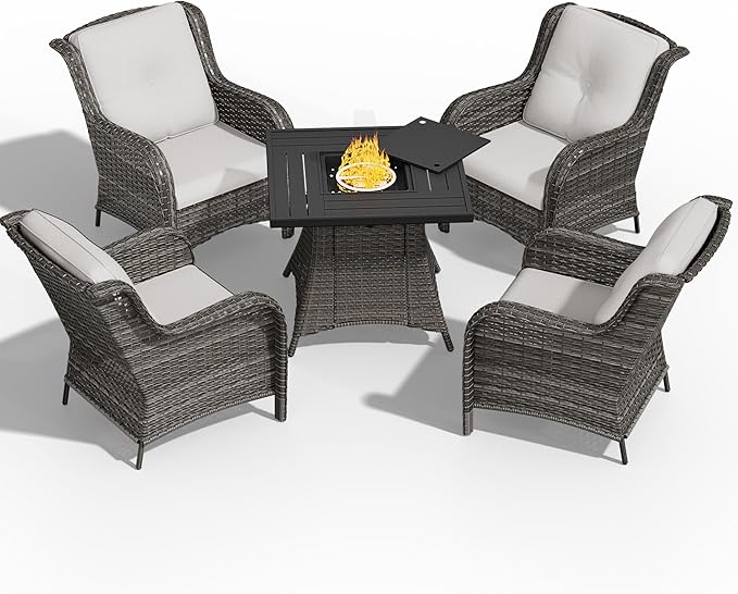 5 Pcs Patio Furniture Set with Fire Table-31'' Fire Pit Table, 4 Outdoor Rattan Wicker Conversation Chairs (4 Fixed Chairs) (Beige)