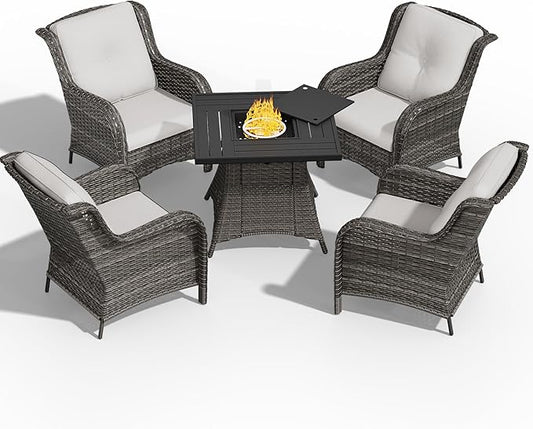 5 Pcs Patio Furniture Set with Fire Table-31'' Fire Pit Table, 4 Outdoor Rattan Wicker Conversation Chairs (4 Fixed Chairs) (Beige)
