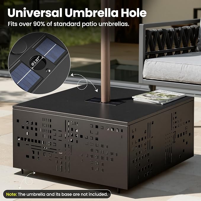 ovios 27" Outdoor Coffee Table with Solar Light, Patio Metal Table with Umbrella Hole and Cut-Out Design, Weatherproof Square Side Tables for Deck Porch Balcony Garden Backyard, Black